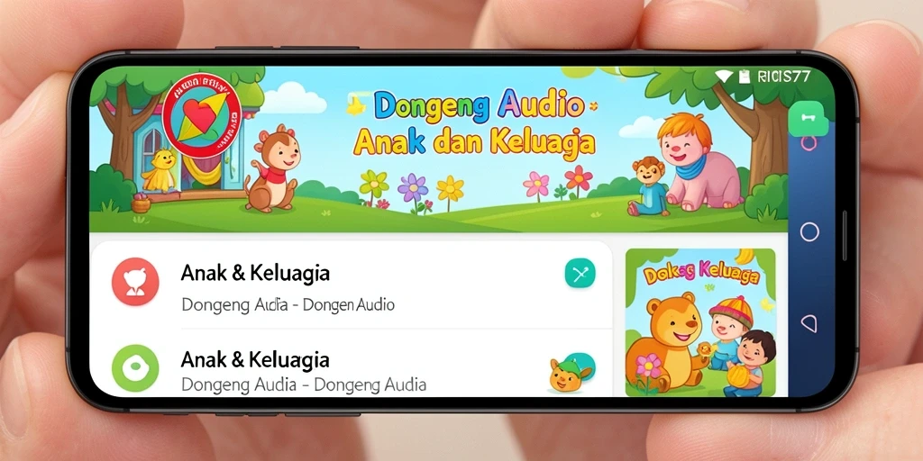Antarmuka RICIS77 menampilkan pilihan dongeng audio yang colorful dan menarik.
