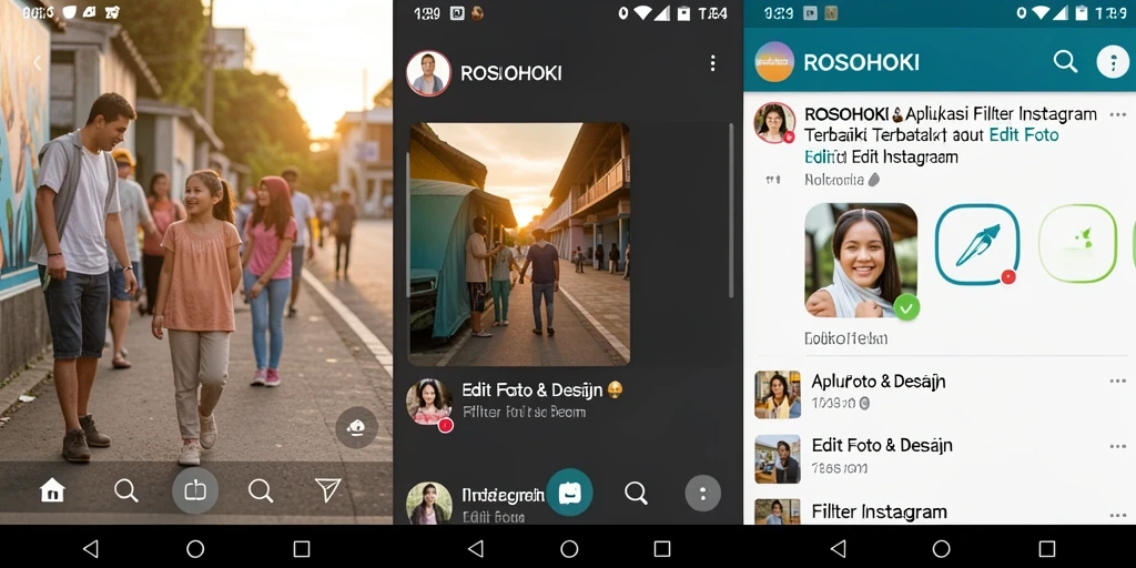 Antarmuka aplikasi ROSOHOKI dengan berbagai pilihan filter Instagram.